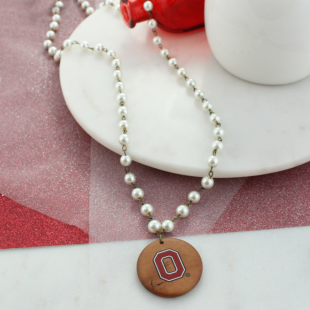 34” Ohio State Logo Pearl & Wood Disc Necklace