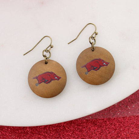 Arkansas Logo Wood Disc Earrings