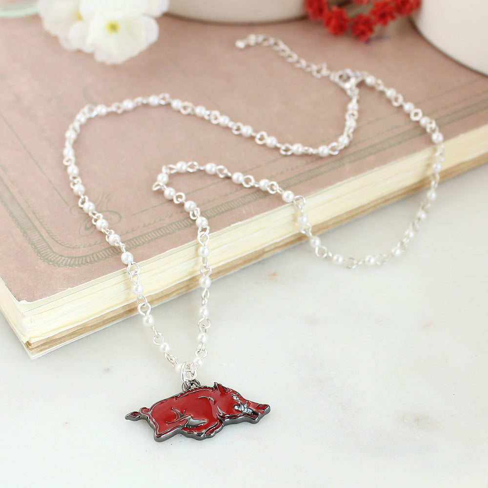 Arkansas Enamel Logo & Pearl Necklace