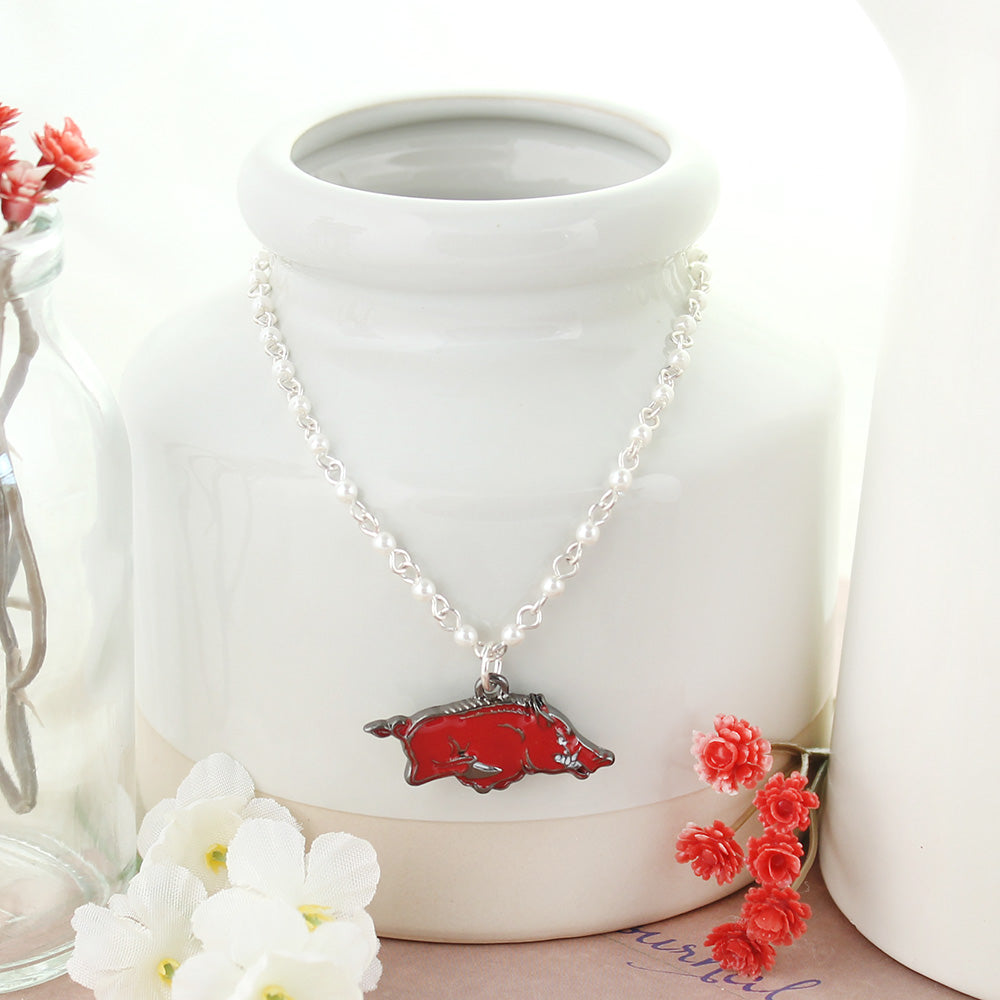 Arkansas Enamel Logo & Pearl Necklace