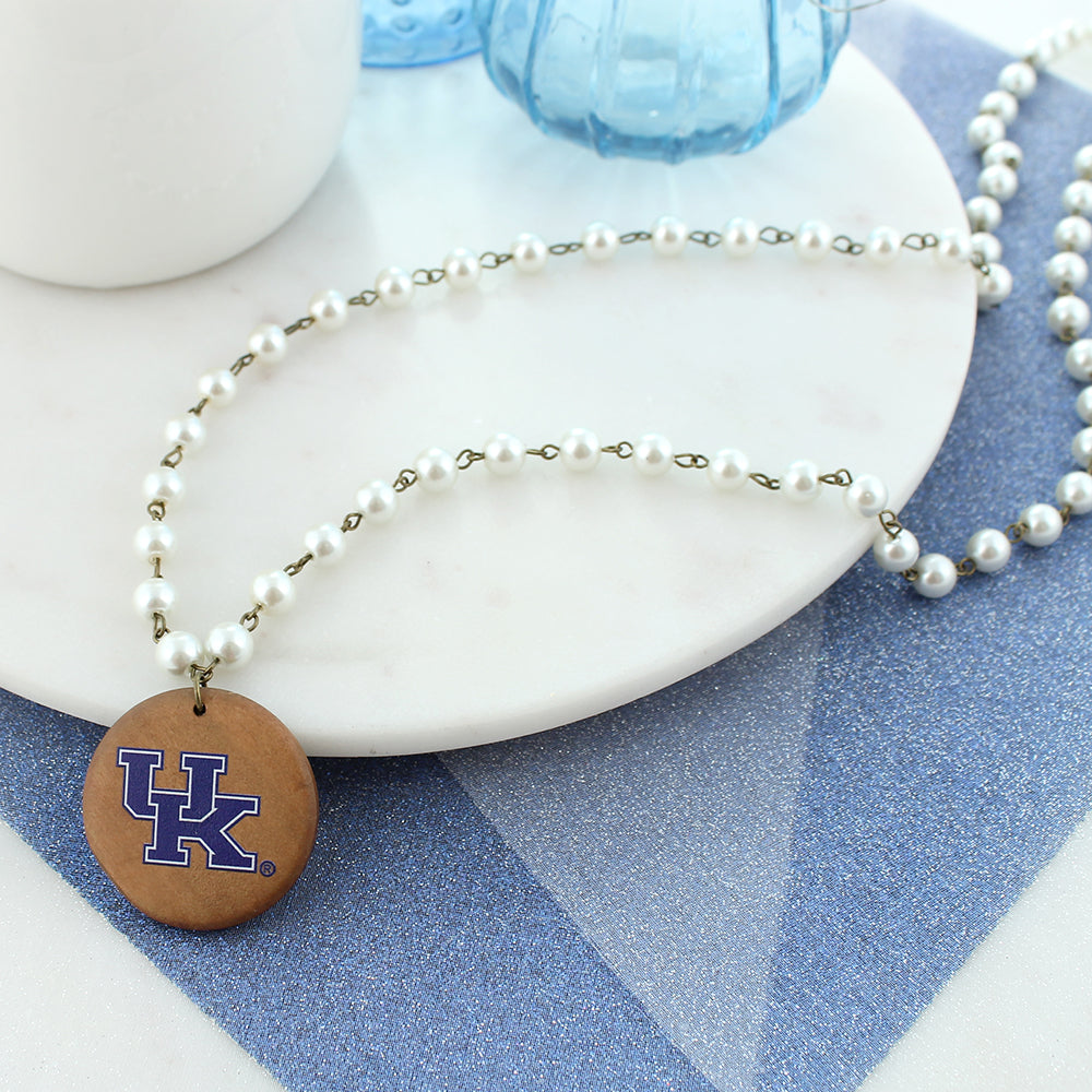 34” Kentucky Logo Pearl & Wood Disc Necklace