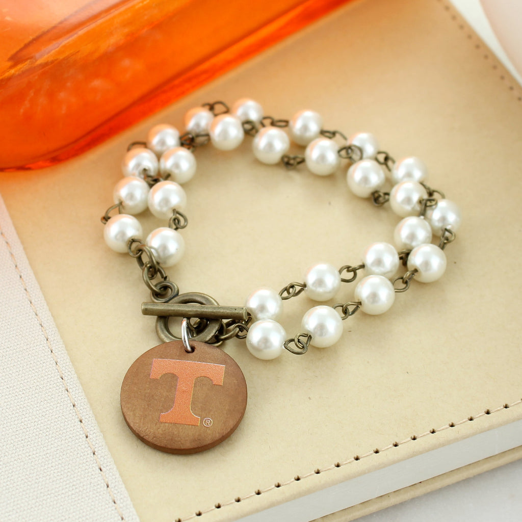 Tennessee Logo Pearl & Wood Disc Toggle Bracelet