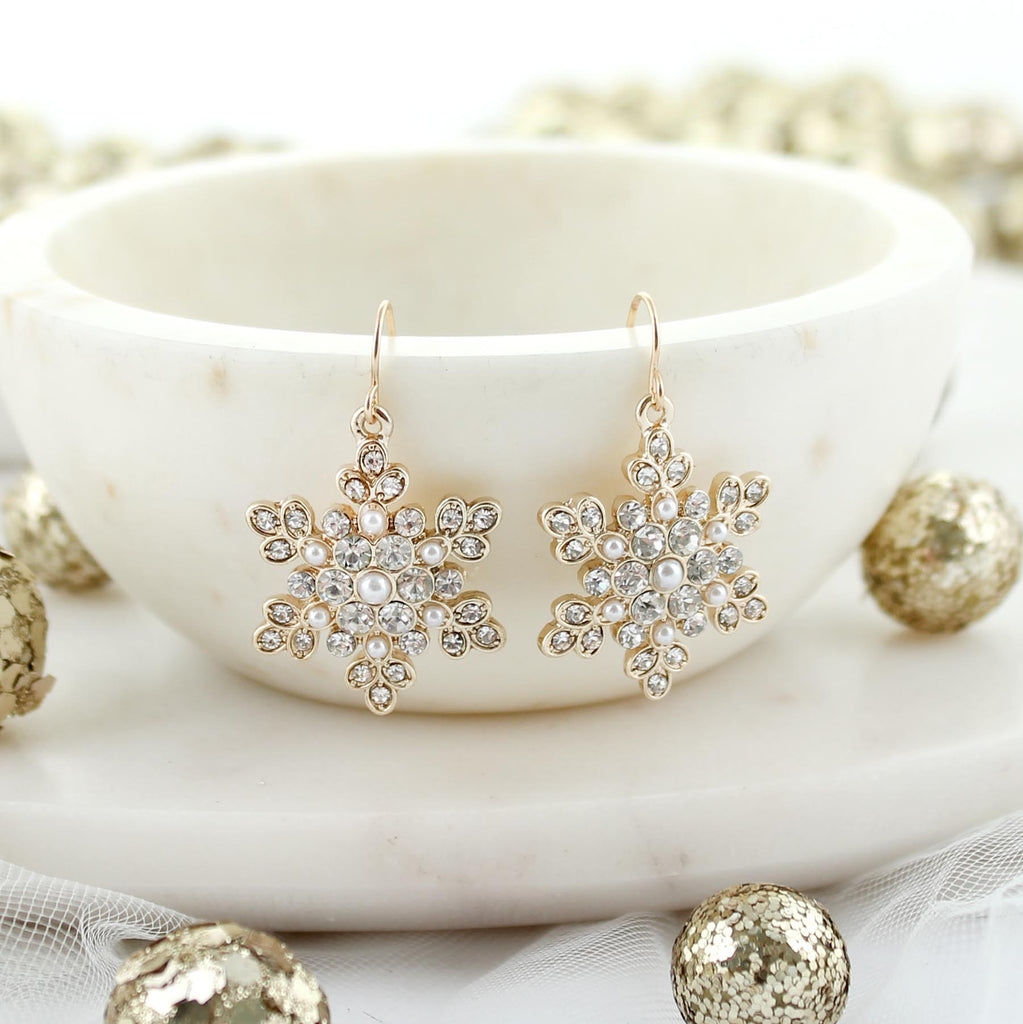 Gold Pearl & Crystal Snowflake Christmas Earrings