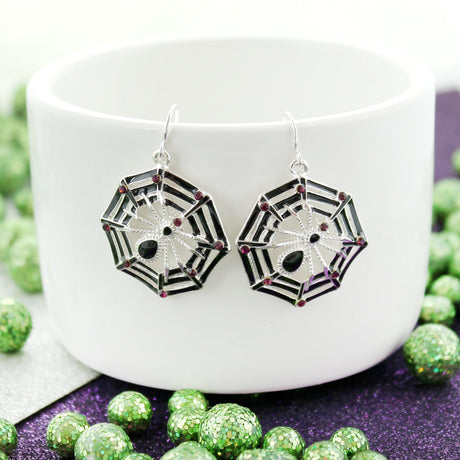 Enamel & Crystal Spiderweb Halloween Earrings