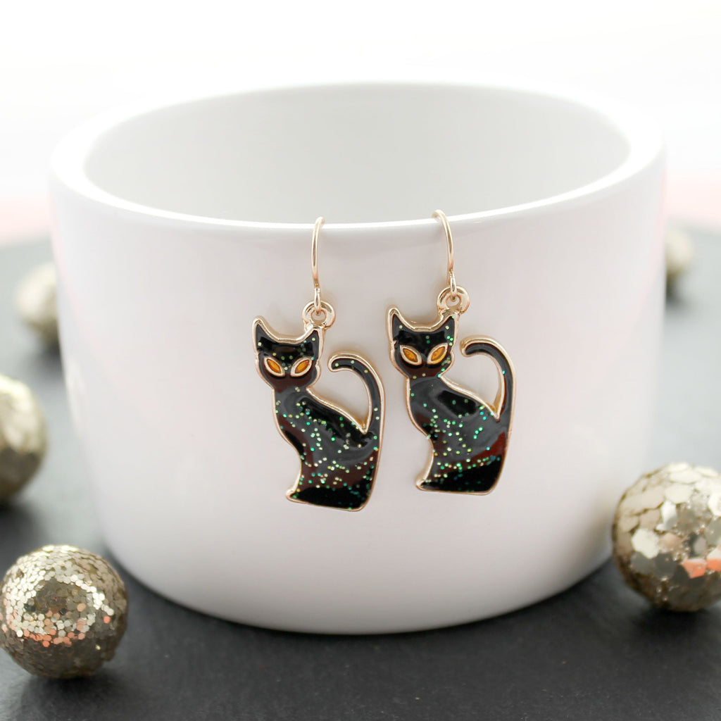 Glitter Enamel Black Cat Earrings
