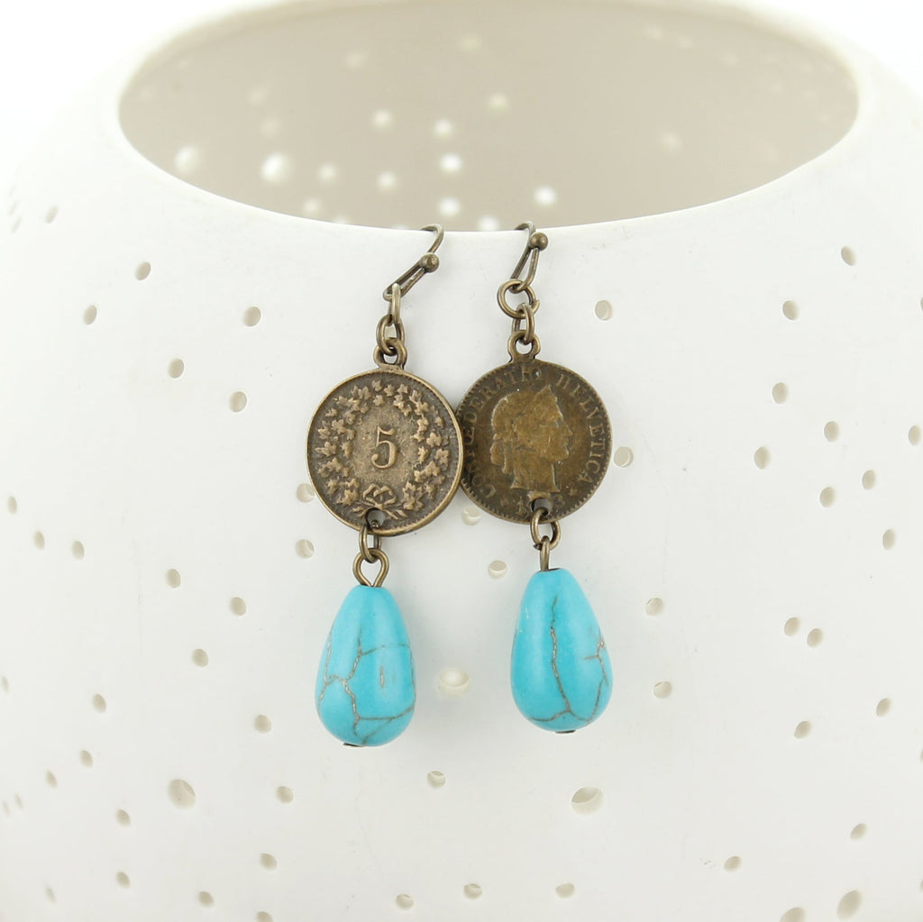 Turquoise Stone & Coin Earrings