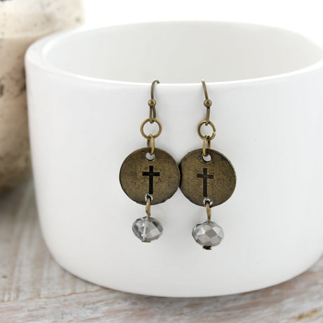 Gray Crystal & Cross Earrings