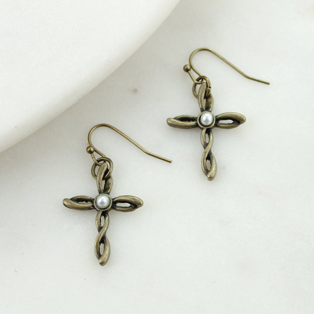 Pearl & Twisty Cross Earrings