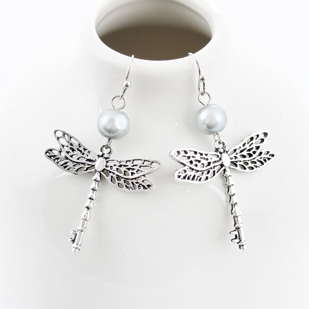 Silver & Pearl Dragonfly Key Earrings