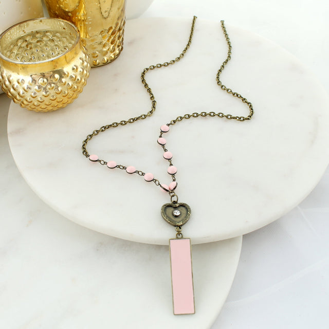 34” Vintage Heart & Pink Enamel Necklace