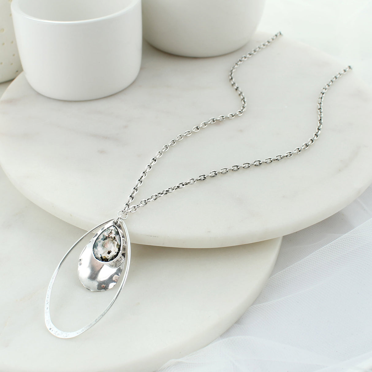 34” Silver Teardrop & Crystal Necklace