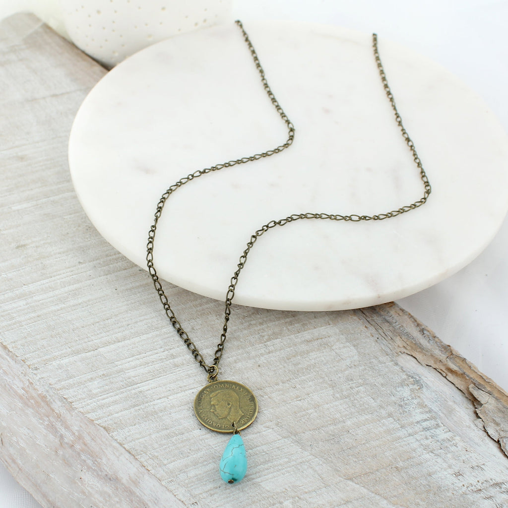 34 - 36” Turquoise Stone & Coin Necklace
