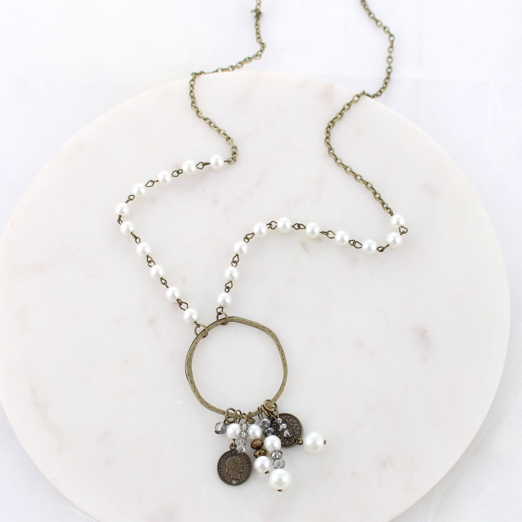 34” Vintage Coin & Pearl Loop Cluster Necklace