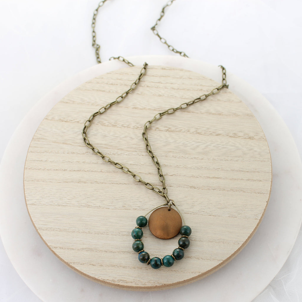 33" Green Stone Teardrop w/ Wood Disc Necklace