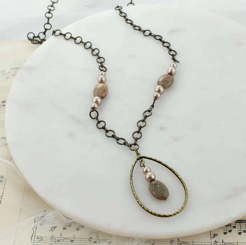 34” Blush Stone & Pearl Necklace w/Teardrop Pendant