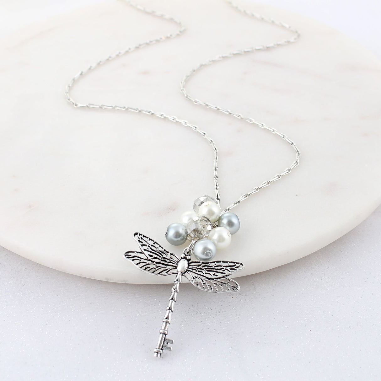 34" Silver & Pearl Dragonfly Key Necklace