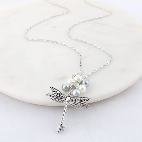 34" Silver & Pearl Dragonfly Key Necklace