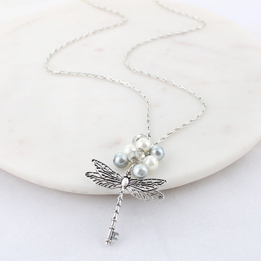34" Silver & Pearl Dragonfly Key Necklace
