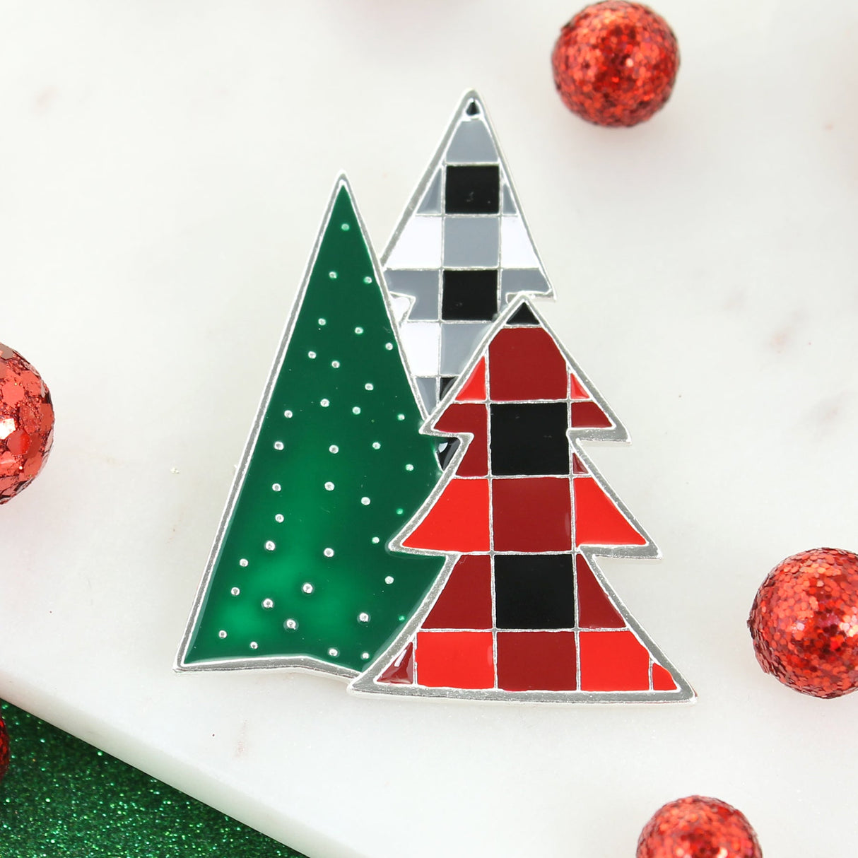 Rustic Plaid Christmas Tree Trio Pin/Pendant