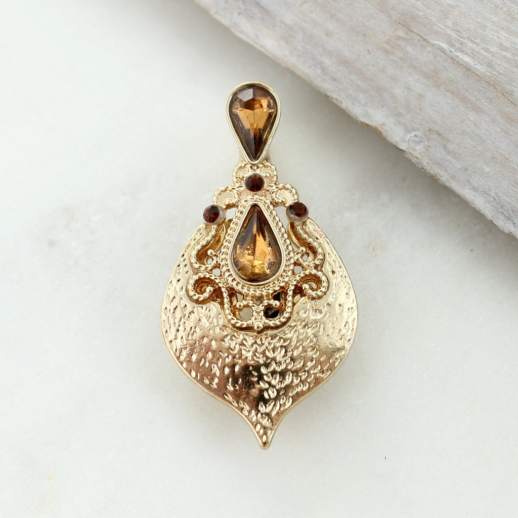 Gold Teardrop Filigree & Crystal Pin/Pendant